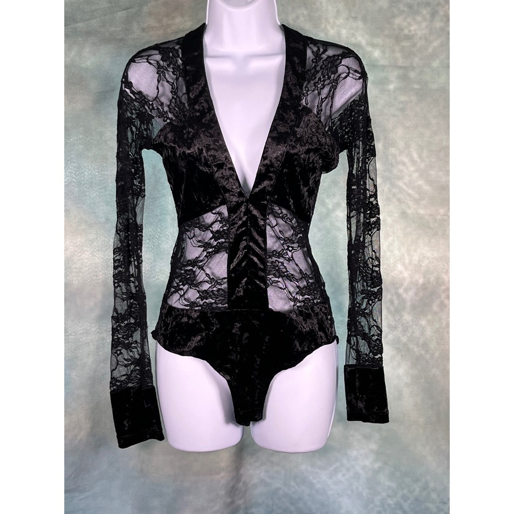 Timing Womens Black Lace Crushed Velvet Long Sleeve V-Neck‎ Bodysuit Size M